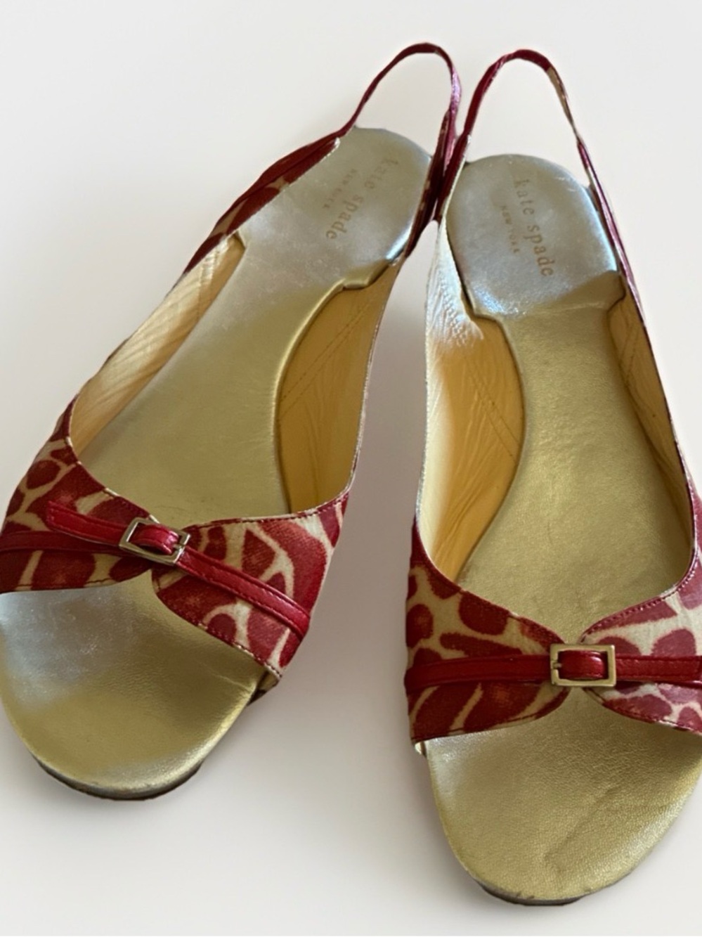 Rare Vintage Kate Spade 9.5 Red/White Giraffe Print Peep Toe Slingback Flats EUC